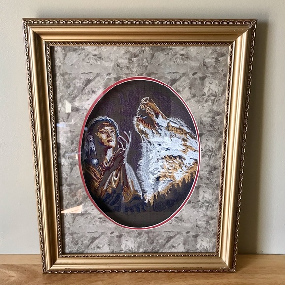Native American Embroidered Framed Art Indian Woman And Wolf. Beautiful - Picture 2 of 11